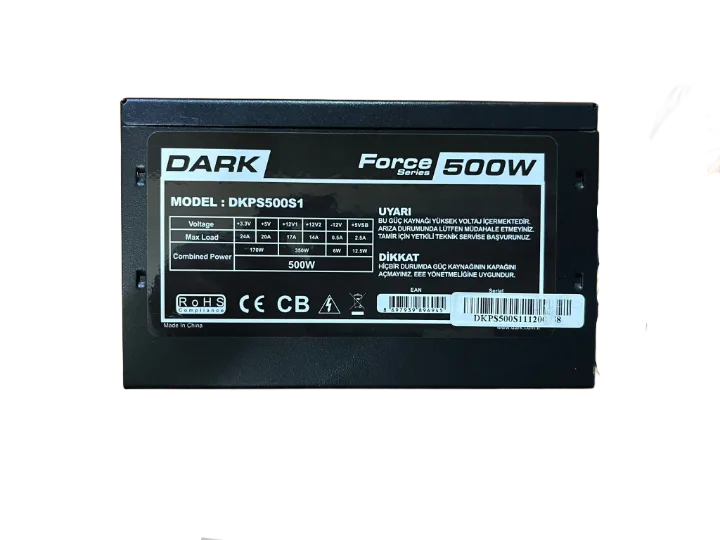 DARK FORCE ATX AKTİF 500WATT Power Supply SİYAH KASA GÜÇ KAYNAĞI 12 CM FANLI