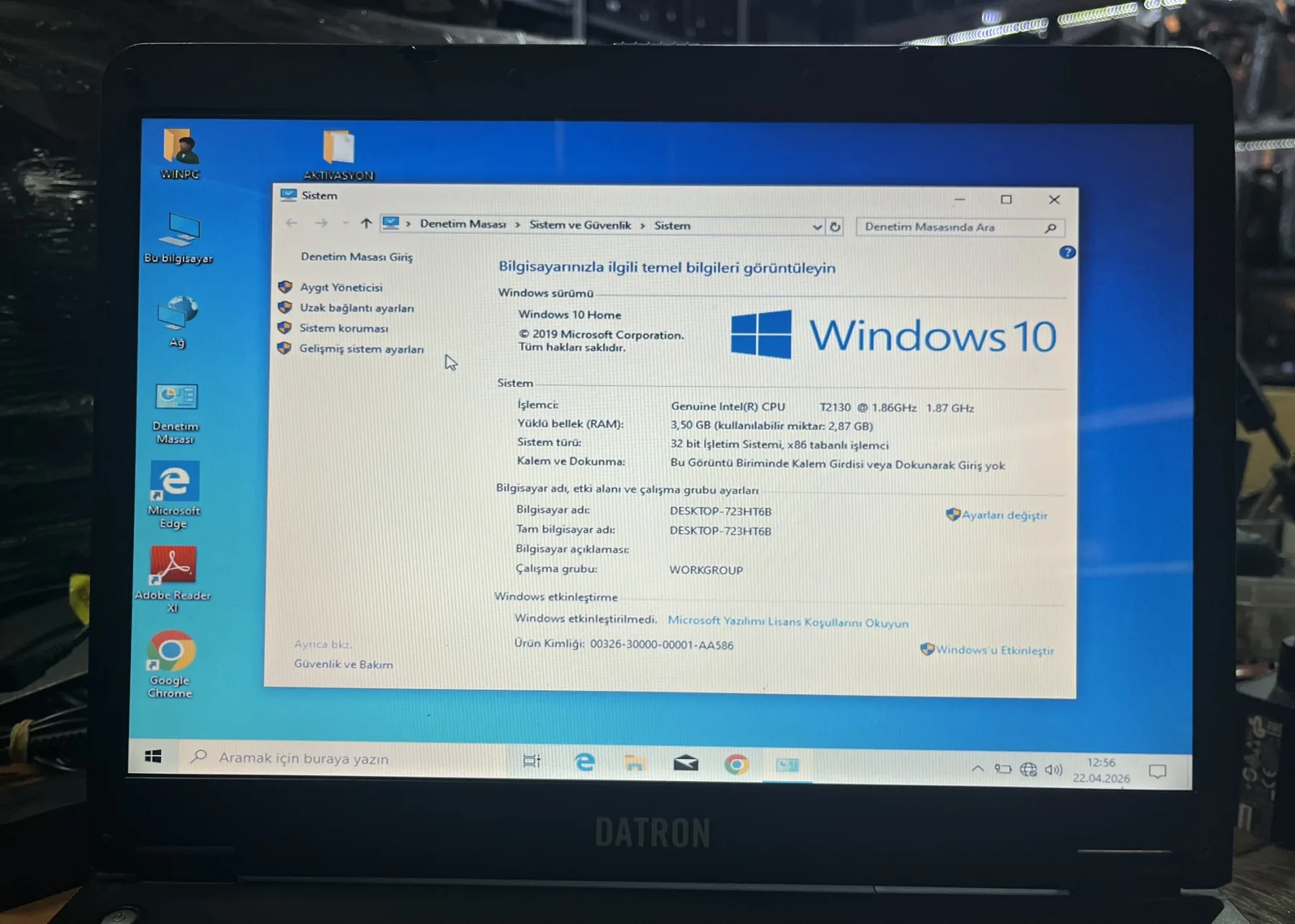 DATRON Pl5c-al-096 15.4 İNÇ İNTEL T2130 CPU DİZÜSTÜ LAPTOP